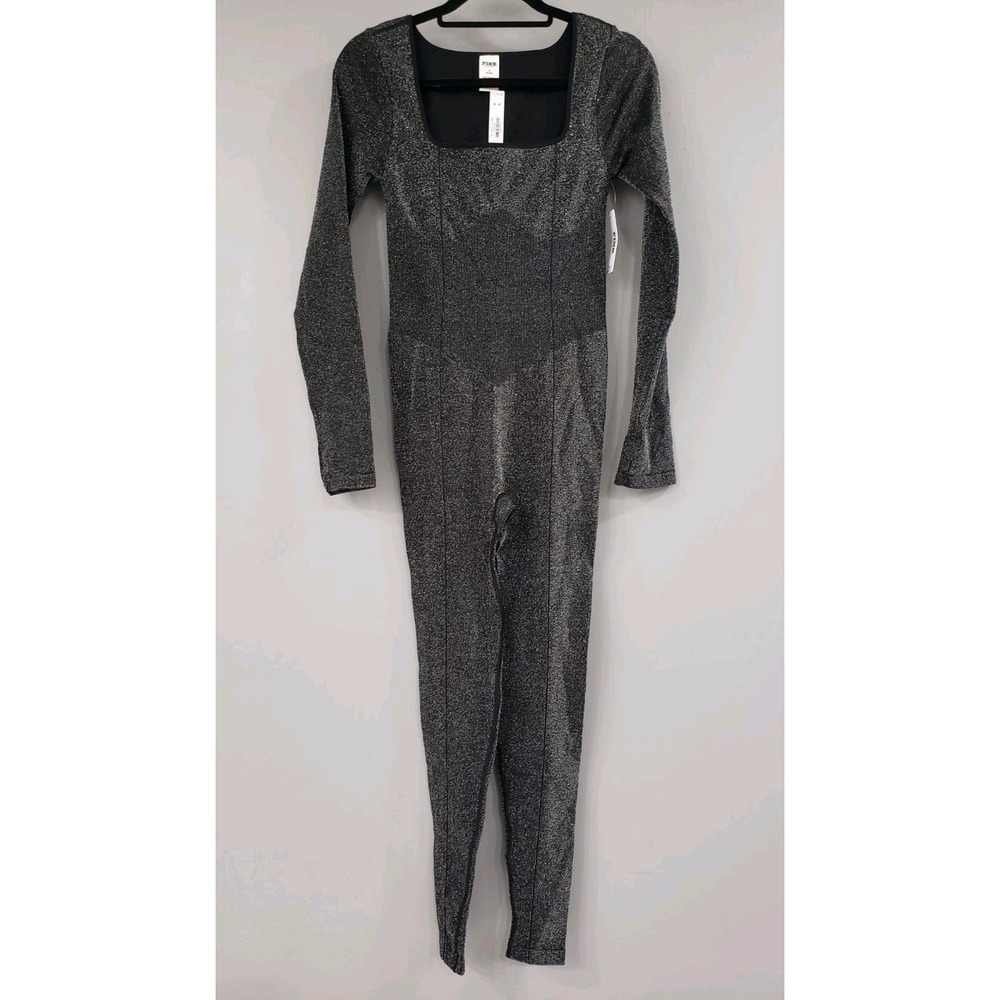 MEDIUM Victoria's Secret black silver Seamless‎ long sleeve one piece Body Suit